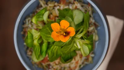 Schüssel mit Reisgericht, grünen Blättern und orangener Blume von oben