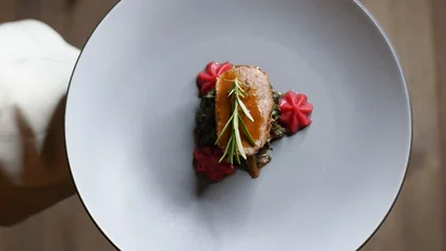 Fein angerichtetes Gericht mit Fleisch, Sauce, Kräuterzweig und roten Beilagen auf weißem Teller