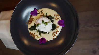 Elegantes Gericht mit pochiertem Ei, Sauce, Kräutern und Blüten auf schwarzem Teller