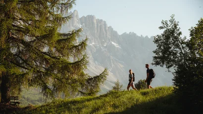 Zwei Wanderer auf grünem Hügel mit Bergen im Hintergrund bei Sonnenlicht