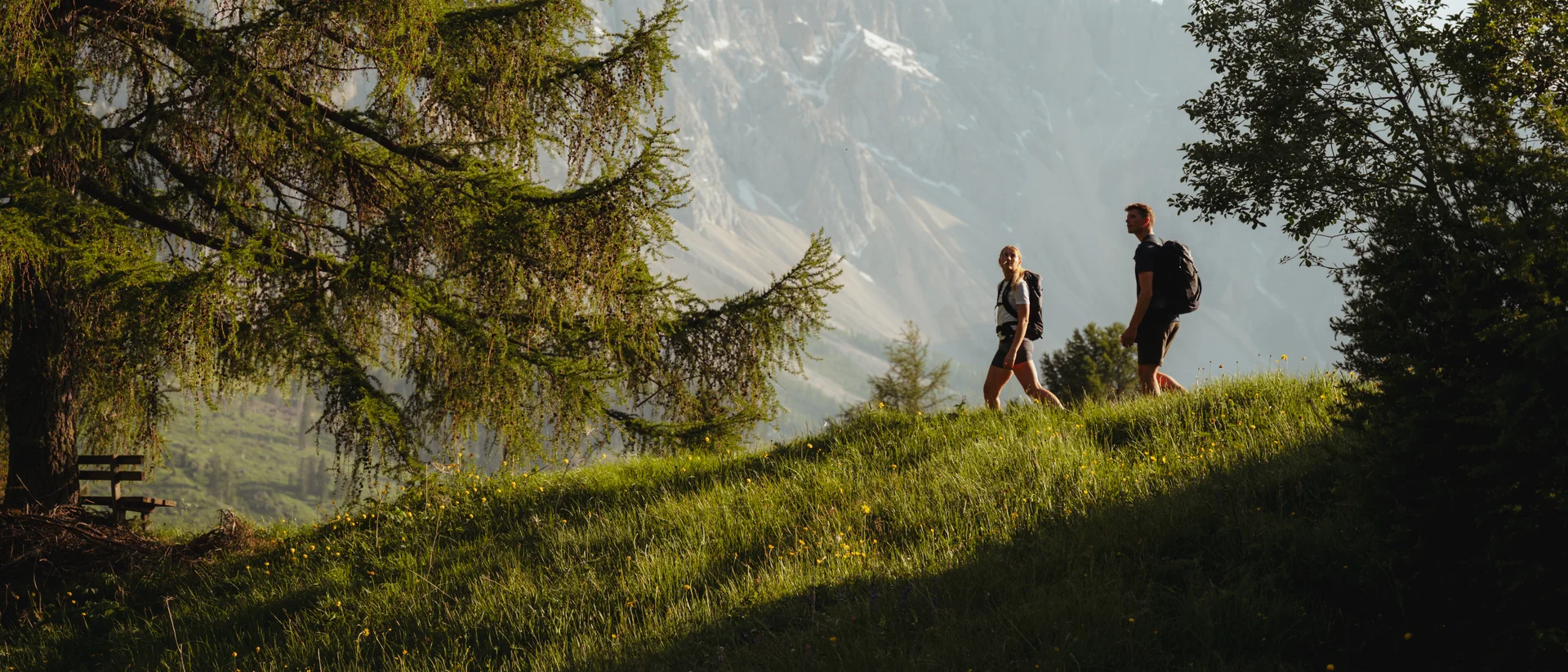 Due escursionisti su una collina verde con montagne sullo sfondo alla luce del sole