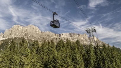 Seilbahn über einem Nadelwald vor einer Bergkulisse bei klarem Himmel